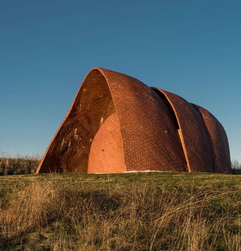 Exterior view of the Camera Obscura in Cheverie, Nova Scotia, a unique brick structure overlooking the Minas Basin along the Bay of Fundy